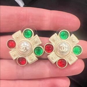 Chanel-Inspired Gold Tone Red & Green Cluster  Earrings